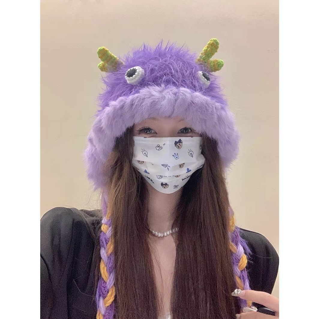 个性搞怪可爱紫色毛绒雷锋帽子女学生2024秋冬保暖护耳绑带针织帽