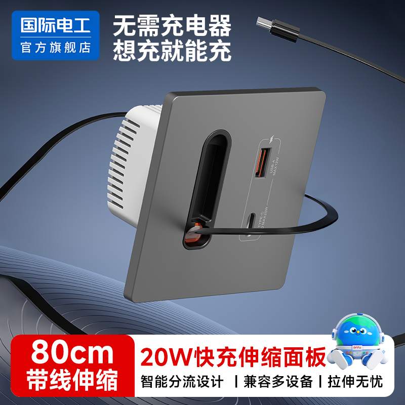 国际电工带伸缩线20W快充USB插座面板Type-c家用手机充电智能分流