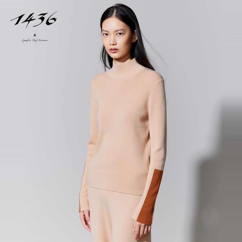 1436 小山羊绒半高领袖口拼色抽条女套衫