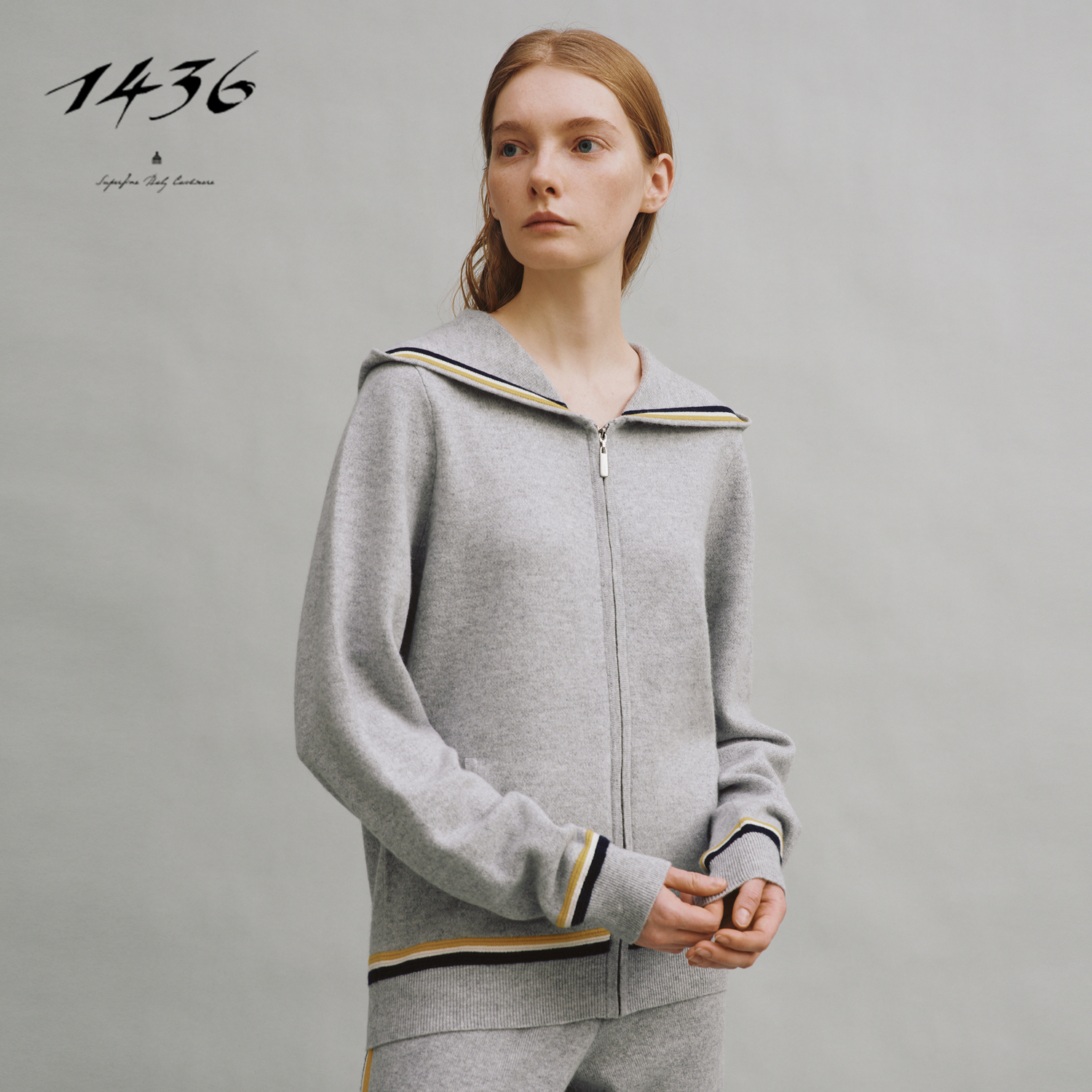 1436 小山羊绒虚提带帽夹条拉链休闲女开衫