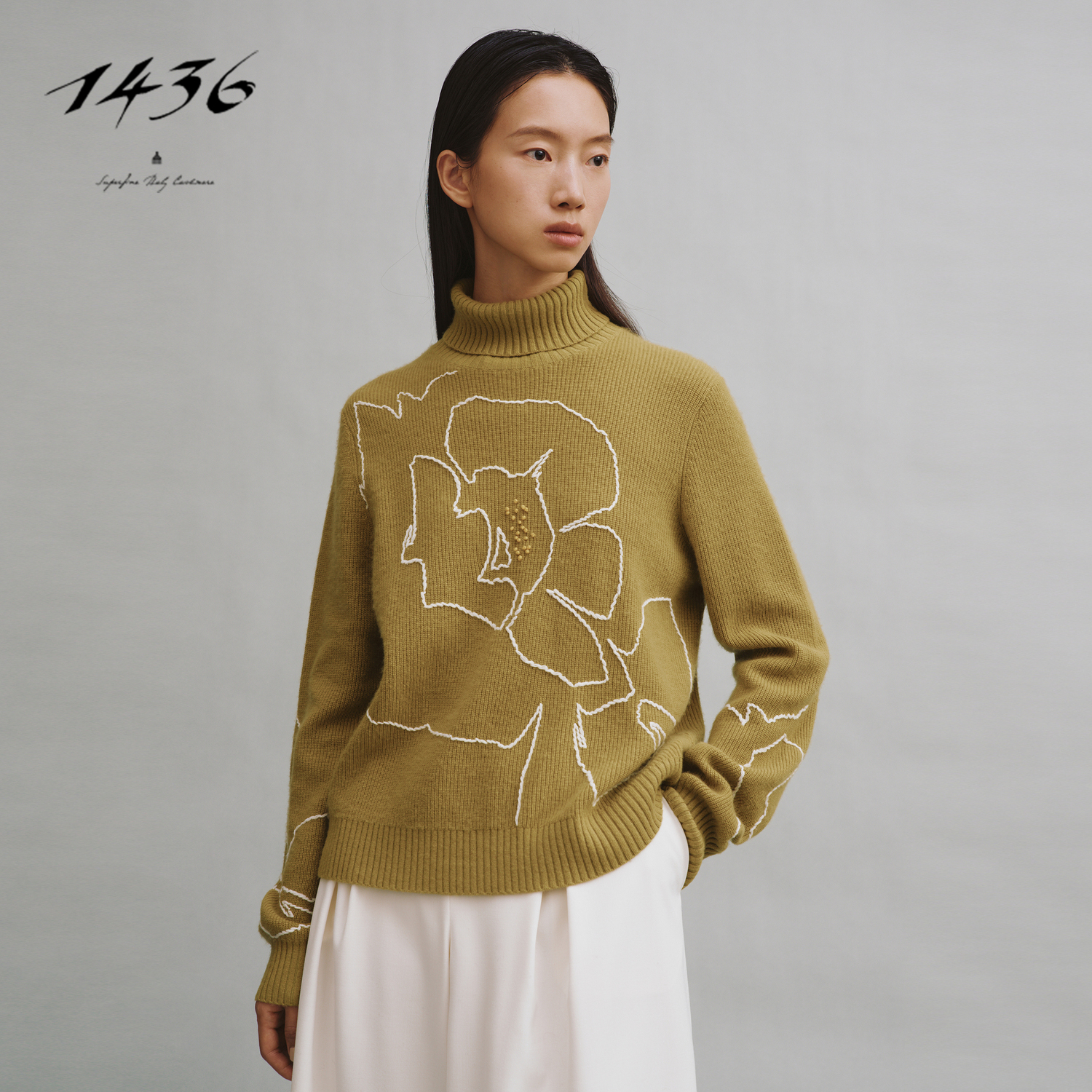 1436 小山羊绒粗纺半高领波普花卉手绣女套衫