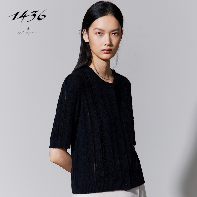 1436 小山羊绒圆领装饰绞花柔美气质半袖女开衫