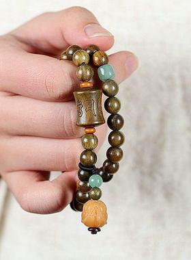 天然绿檀木六字真言招财双圈款手串男女款文玩佛珠手链复古民族风