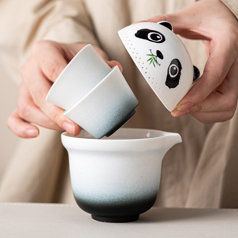 粗陶可爱熊猫旅行茶具茶杯套装户外出差商务礼一壶二杯快客杯