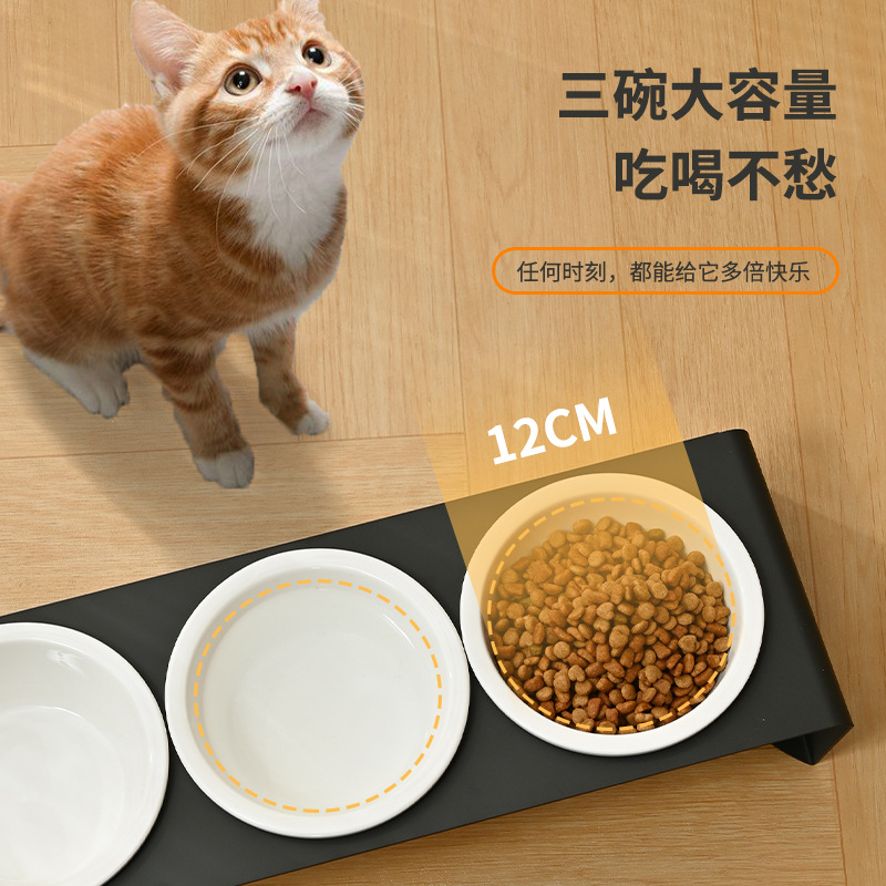 碳钢陶瓷宠物碗架 猫粮狗盆碗斜口三碗保护颈椎防打翻饮水喂食器