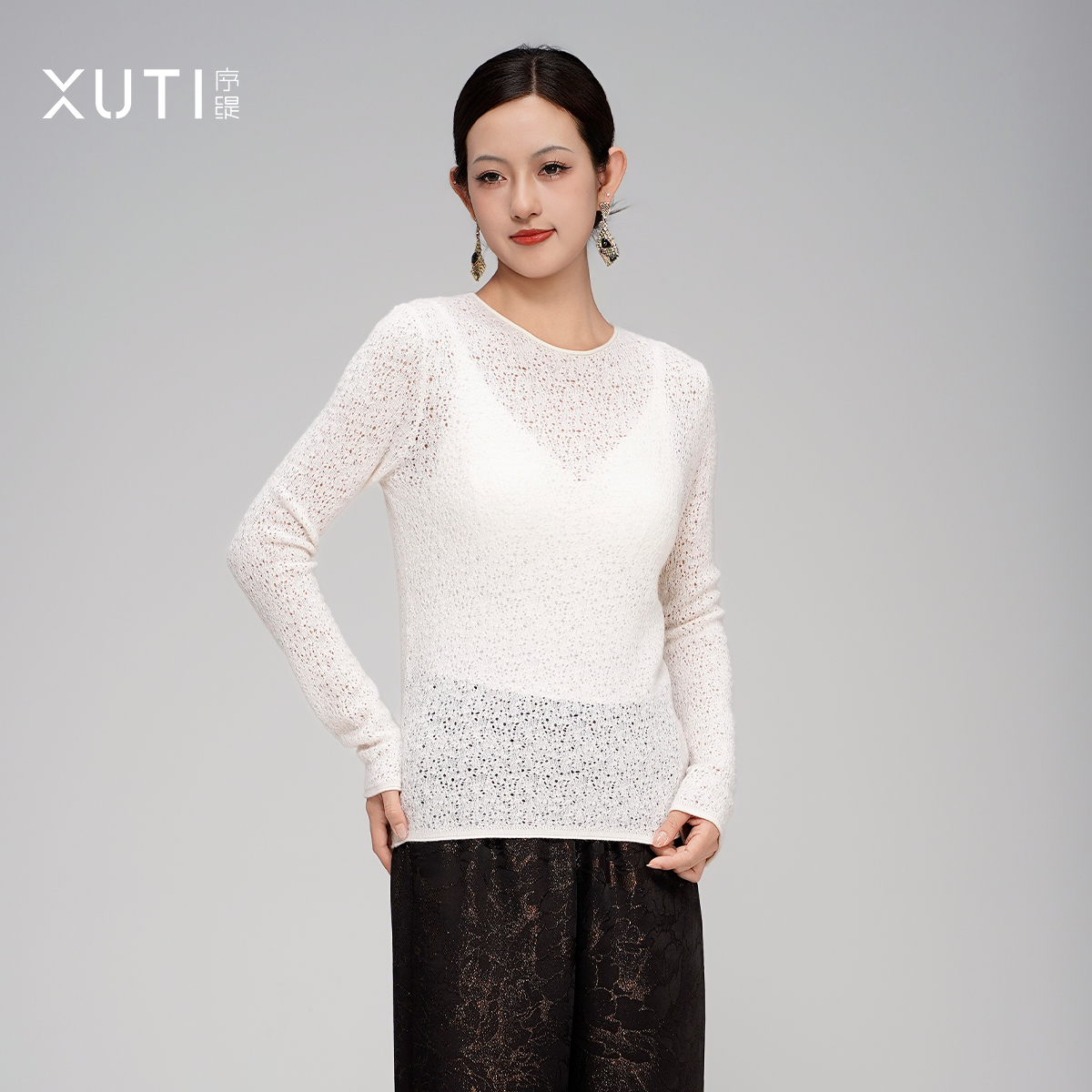 国风新中式女装圆领山羊绒打底衫