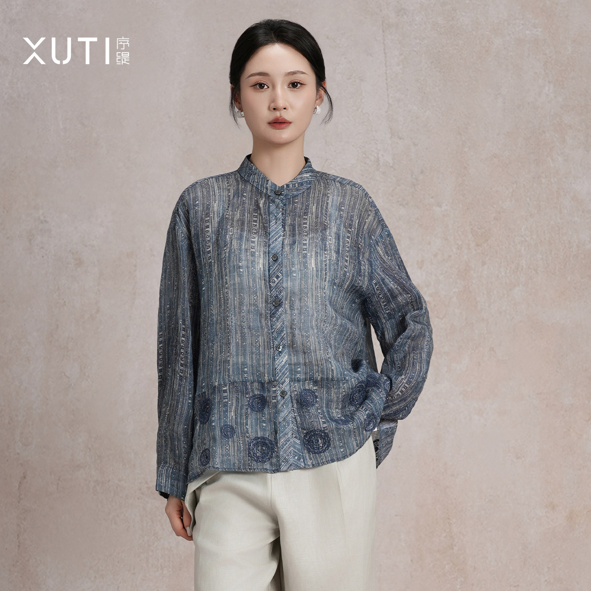 序缇质造100%苎麻新中式绣花上衣女设计感春季新款衬衫H361-