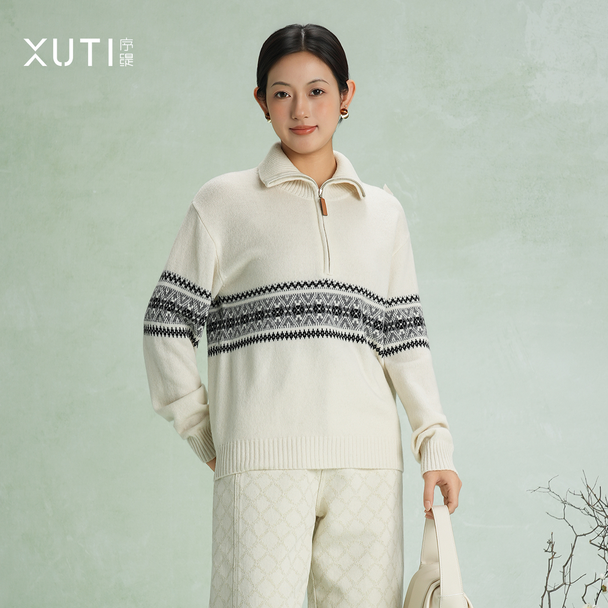 100%绵羊毛半拉链提花羊毛衫女