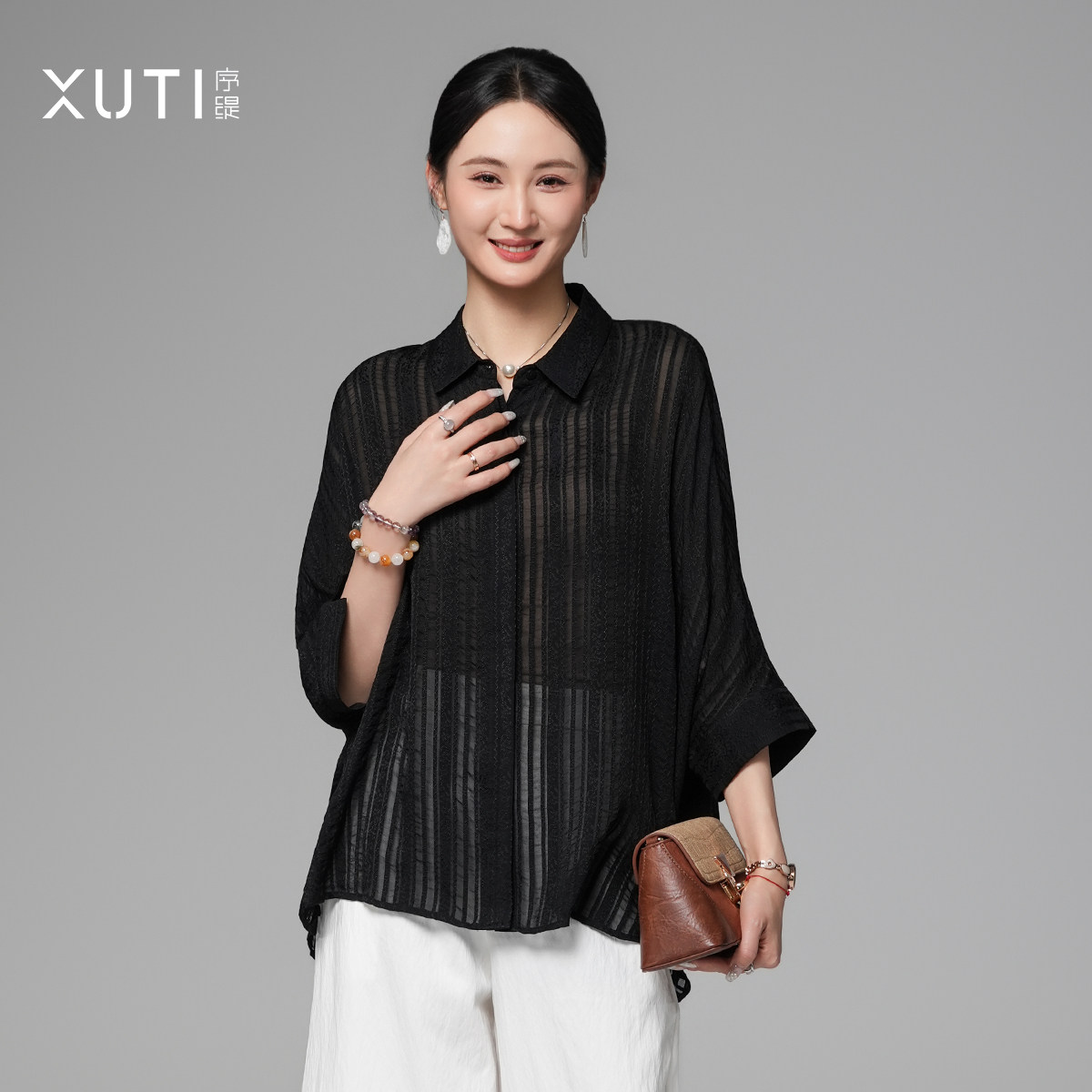 序缇质造100%桑蚕丝 新中式黑色上衣女2026春季新款衬衫H3