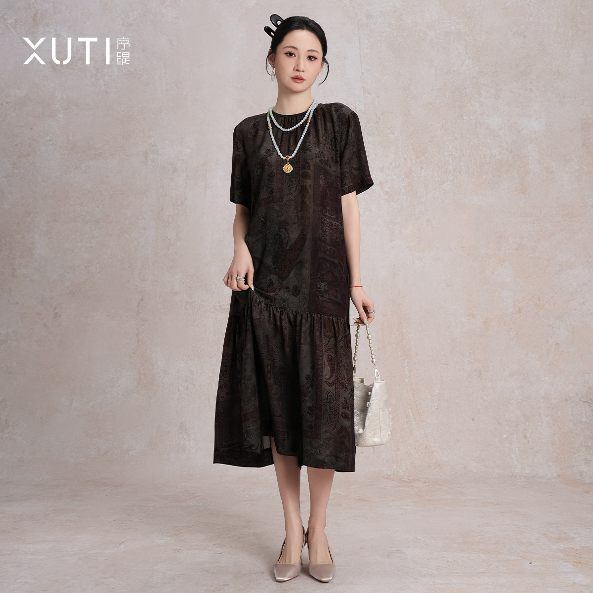 序缇质造 100%桑蚕丝 新中式短袖连衣裙女2026春季新款H3