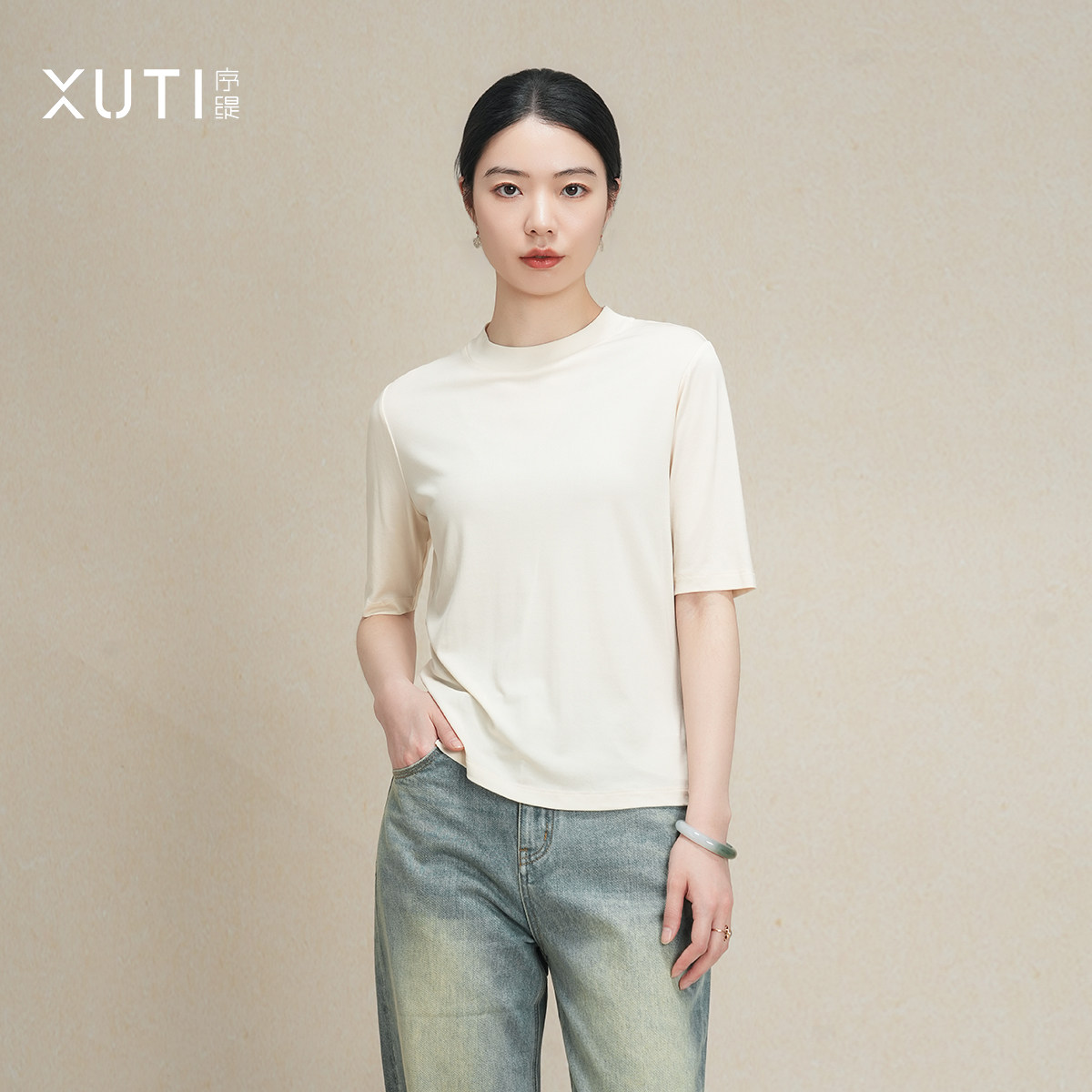 序缇质造『春涧』100%桑蚕丝 新中式短袖t恤女早春上衣H100