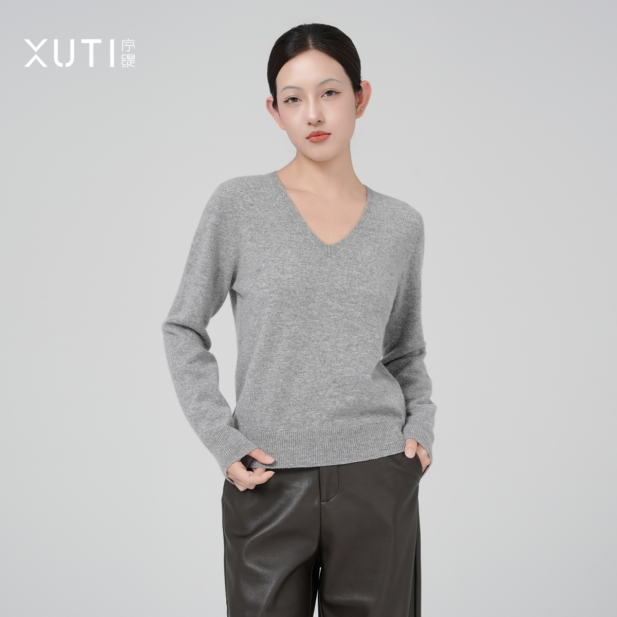 新中式100%山羊绒v领长袖上衣女