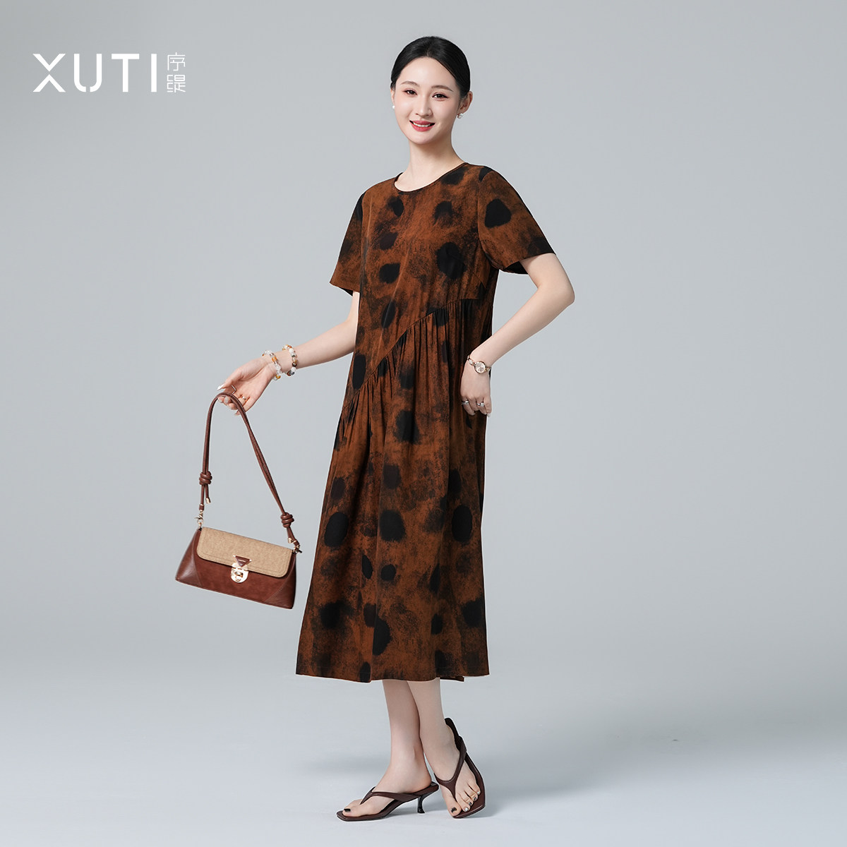 序缇质造新中式非遗香云纱100%桑蚕丝短袖连衣裙女夏季裙子296