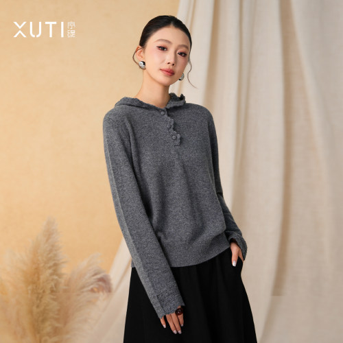 新中式100%山羊绒连帽针织上衣女