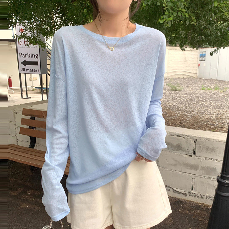 漂亮慵懒风糖果色防晒长袖T恤女薄款夏季微透圆领宽松罩衫简0424d