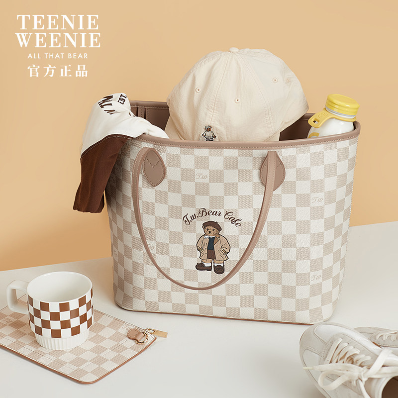 TeenieWeenie单肩大容量托特包女TW小熊棋盘格旅游通勤包包妈咪包