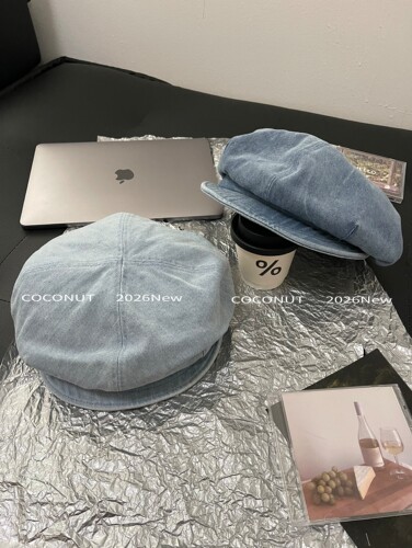 COCONUT 韩版洗水牛仔贝雷帽云朵帽百搭文艺大头围八角帽子画家帽