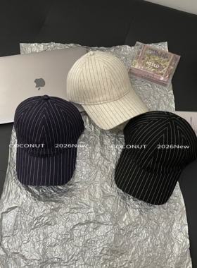 COCONUT 韩版条纹棉麻透气软顶棒球帽男美式复古遮阳运动女鸭舌帽