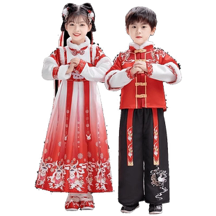 拜年服女童古装汉服冬季新年男童唐装演出服加绒加厚儿童过年服装