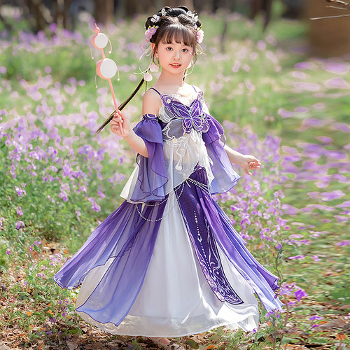 新款汉服女童中国风演出服超仙女孩古装儿童唐装紫色连衣裙春秋款