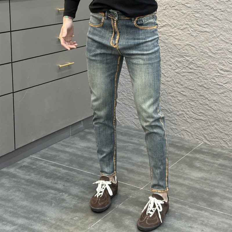 2025b春季拼色条纹简约水洗蓝色牛仔裤男潮流百搭修身休闲小直脚