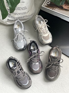 炸街高级感老爹鞋女2024年秋季新款百搭休闲灰色厚底运动鞋子女潮