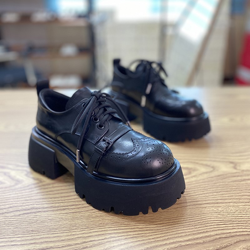 小皮鞋女胎牛皮2024春季新款单鞋女松糕厚底小个子真皮绑带女鞋潮