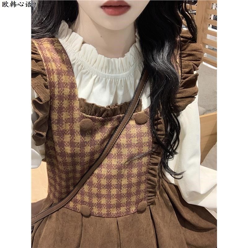 2024复古森系小飞袖格子百褶背心裙百搭衬衫两件套连衣裙显瘦遮肉