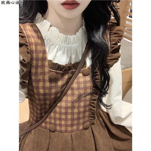 2024复古森系小飞袖格子百褶背心裙百搭衬衫两件套连衣裙显瘦遮肉