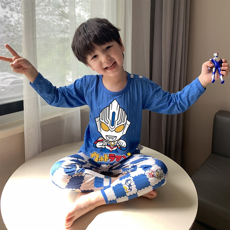 儿童睡衣b夏季纯棉男童家居服套装女宝宝空调服薄款长袖小男孩夏