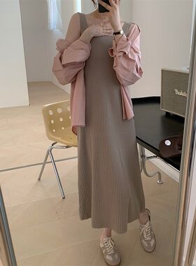 左公斤右千克 黑色针p织背心裙连衣裙女秋冬季中长款内搭打底裙