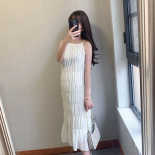 朱子妤自制d夏季新款吊带无袖宽松雪纺甜美皱褶孕妇连衣裙背心裙