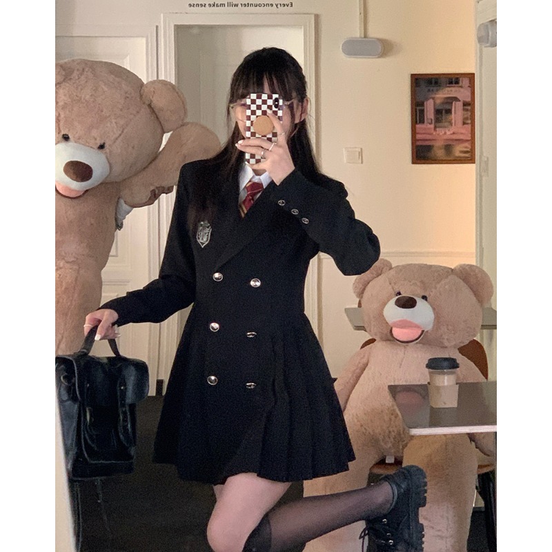 大码黑色学院风v领连衣裙女秋季法式裙G子胖mm遮肉显瘦气质西装裙