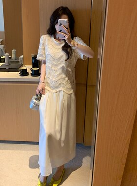 NAZ那子大码 波浪网纱拼接雪纺重工提花胖mm洋气拼接女压皱连衣裙