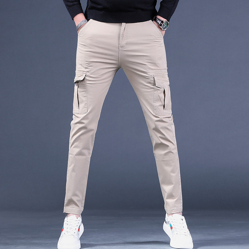 春秋新款高端男士工装裤r潮牌修身弹力小直脚裤多口袋休闲纯棉男