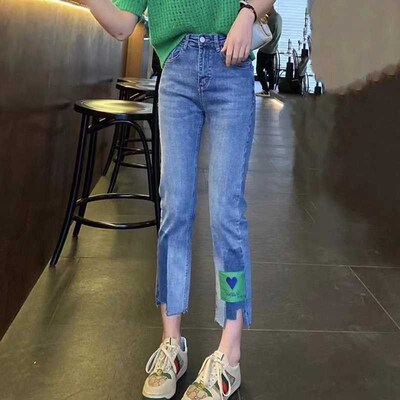 新款女装2022新款夏季薄款裤子女胖mm大码N显瘦高腰直筒破洞牛仔