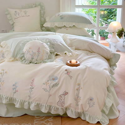 卡通小兔花园刺绣四o件套纯棉长绒棉磨毛床单被套少女心床上用品