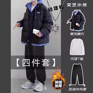 假两件棉衣冬季套装男宽松潮流加厚休F闲棉外套男装一套搭配休闲