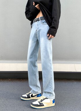 浅蓝色牛仔裤男直筒修身2024夏C季薄款美式高街水洗男生休闲长裤