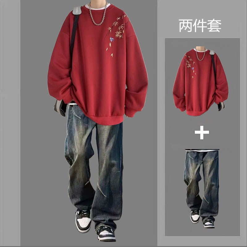 新中式红色卫衣套装n男新款秋冬加绒潮牌国风搭配牛仔裤两件套衣