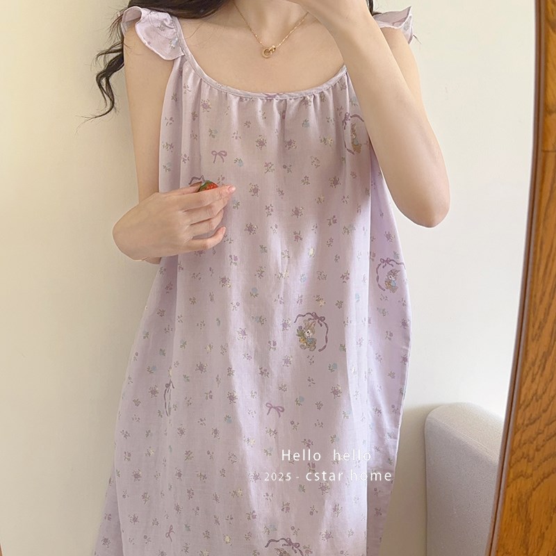 婴儿棉纯棉睡裙睡衣家居服宽松吊带裙夏季A类全棉少女碎花带胸垫图片