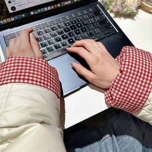 日系袖套高颜值可爱格子袖套秋冬女款办公室羽绒服长款上班族