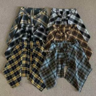 潮牌屁帘一片式 叠穿痞帅格子屁帘男女不规则下摆 系带藏肉神器短袖