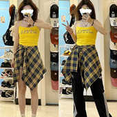 美式 高街黄色格子假衬衫 女叠穿围裙防晒系带遮臀罩裙舞蹈屁帘下摆
