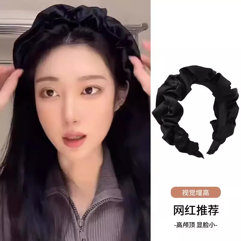 高颅顶黑色褶皱发箍女款发卡洗脸发带2024新款宽边压发头箍发捆