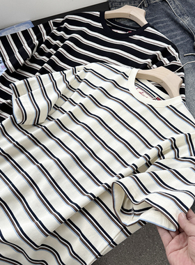 美式复古条纹T恤男短袖重磅棉打底衫宽松夏季潮流百搭半袖98257