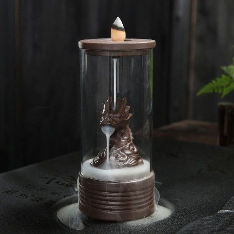 Dragon Carving Clear Cover Backflow Incense Burner Ceramic