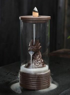 Dragon Carving Clear Cover Backflow Incense Burner Ceramic