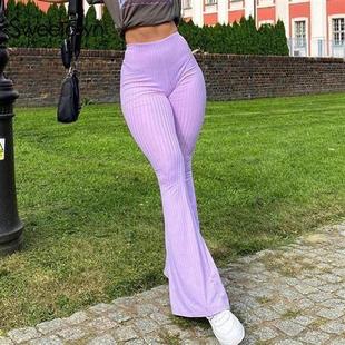 Sweetown Purple Ribbed  Joggers Women Knitted Flare Pants Sl