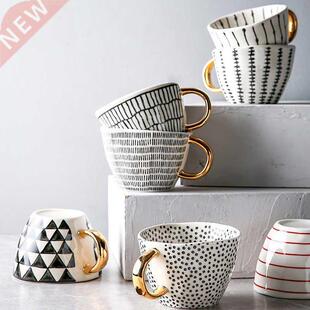 Hand Painted Geometric Ceramic Mugs With Gold Handle Handmad